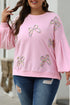 Textured Bow Applique Balloon Sleeve Pullover Sweatshirt