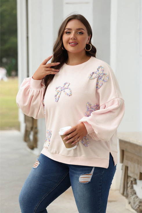 Textured Bow Applique Balloon Sleeve Pullover Sweatshirt