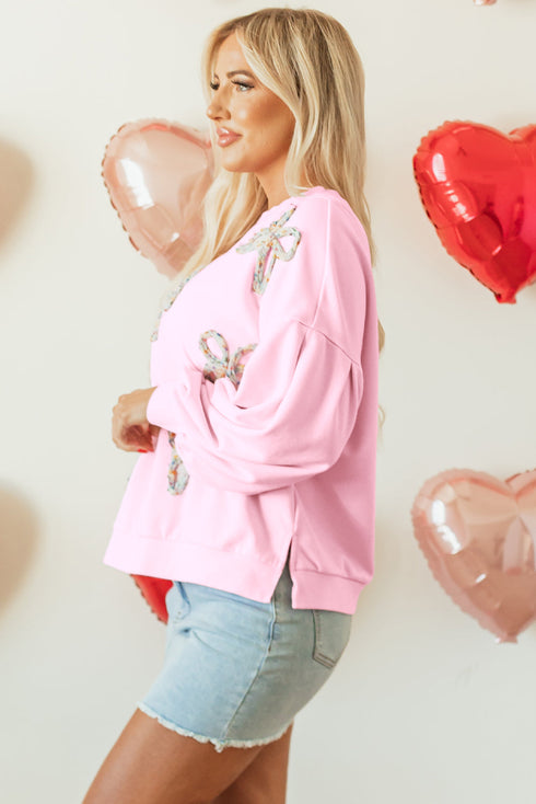 Textured Bow Applique Balloon Sleeve Pullover Sweatshirt
