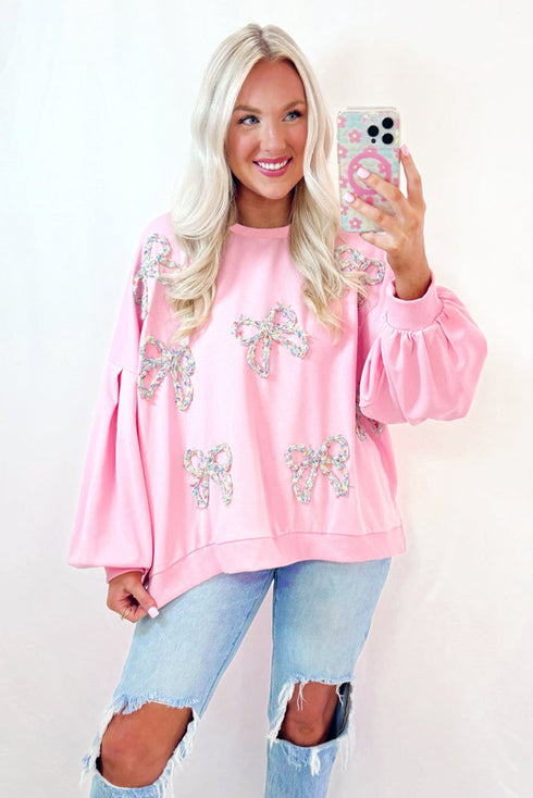 Textured Bow Applique Balloon Sleeve Pullover Sweatshirt