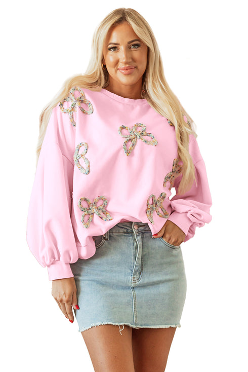Textured Bow Applique Balloon Sleeve Pullover Sweatshirt