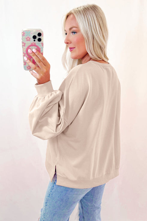 Textured Bow Applique Balloon Sleeve Pullover Sweatshirt