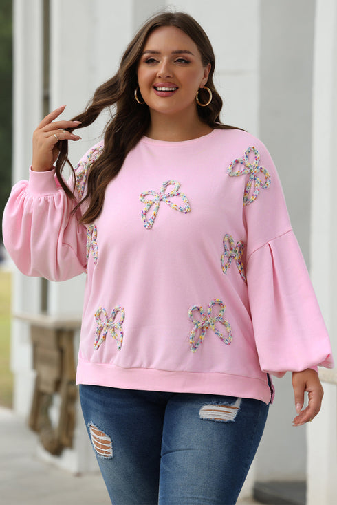 Textured Bow Applique Balloon Sleeve Pullover Sweatshirt