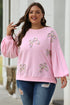 Textured Bow Applique Balloon Sleeve Pullover Sweatshirt
