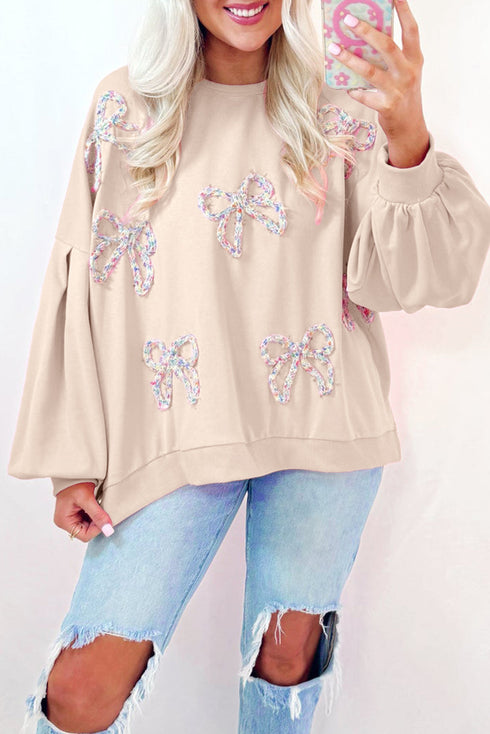 Textured Bow Applique Balloon Sleeve Pullover Sweatshirt