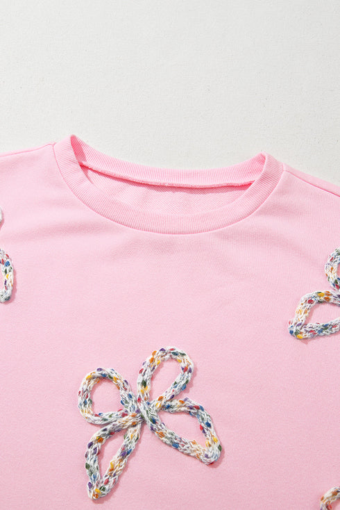 Textured Bow Applique Balloon Sleeve Pullover Sweatshirt