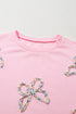 Textured Bow Applique Balloon Sleeve Pullover Sweatshirt