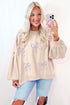Textured Bow Applique Balloon Sleeve Pullover Sweatshirt