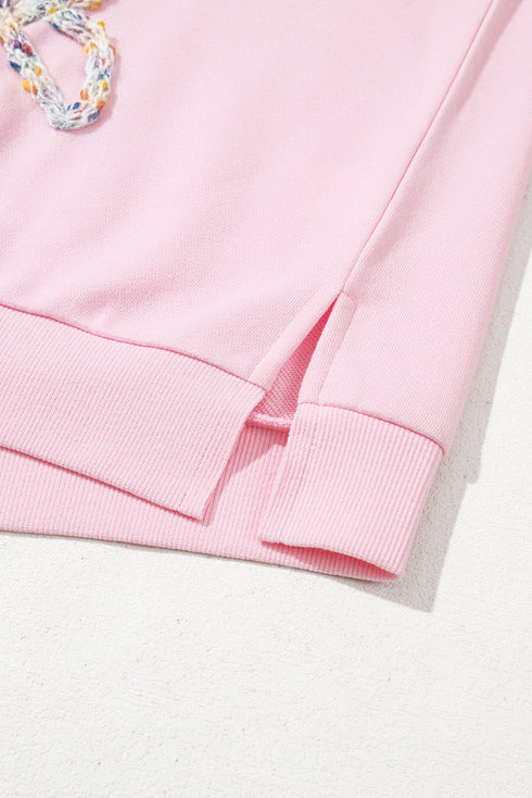 Textured Bow Applique Balloon Sleeve Pullover Sweatshirt