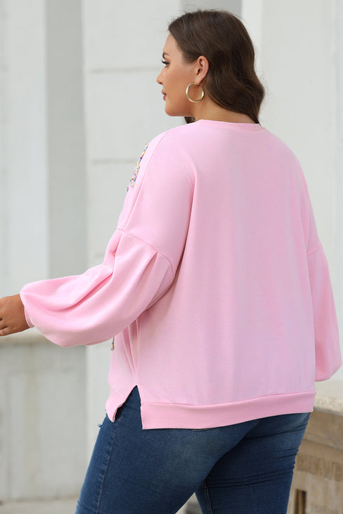Textured Bow Applique Balloon Sleeve Pullover Sweatshirt