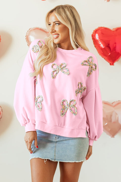 Textured Bow Applique Balloon Sleeve Pullover Sweatshirt
