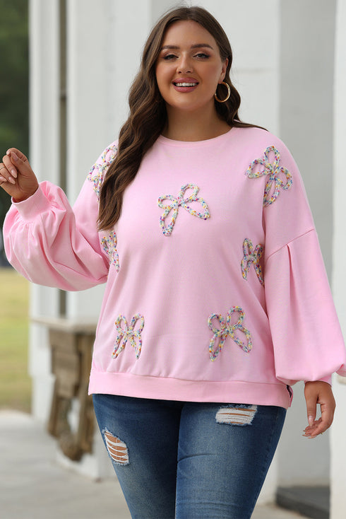 Textured Bow Applique Balloon Sleeve Pullover Sweatshirt