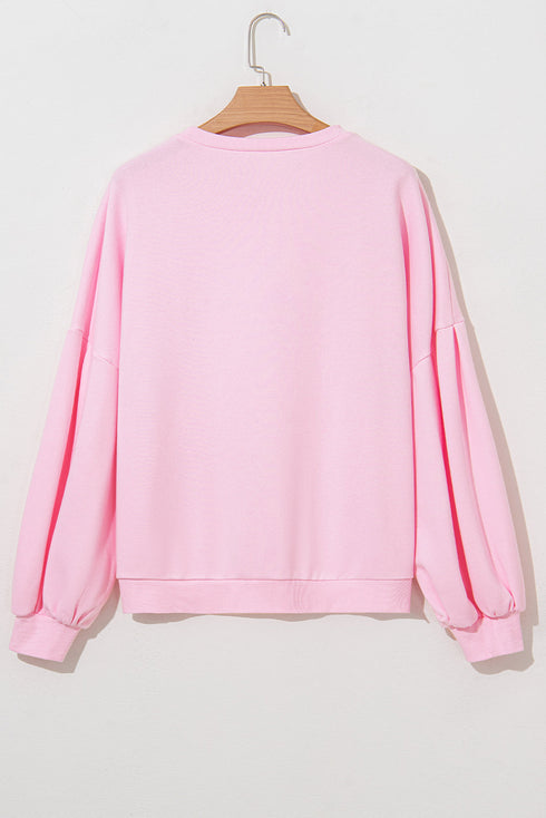 Textured Bow Applique Balloon Sleeve Pullover Sweatshirt