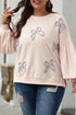 Textured Bow Applique Balloon Sleeve Pullover Sweatshirt