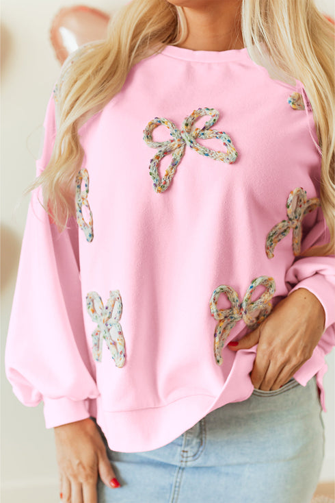 Textured Bow Applique Balloon Sleeve Pullover Sweatshirt