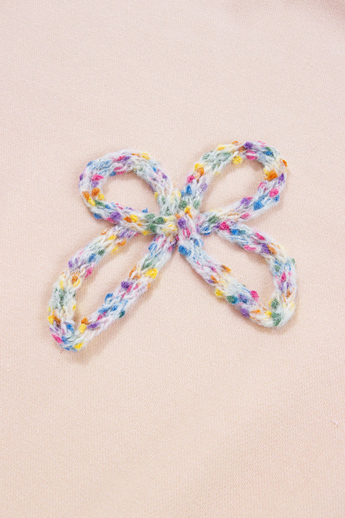 Textured Bow Applique Balloon Sleeve Pullover Sweatshirt