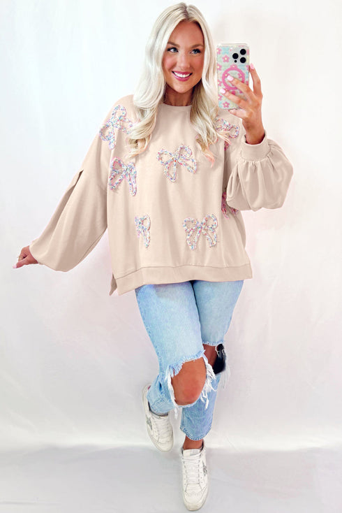 Textured Bow Applique Balloon Sleeve Pullover Sweatshirt