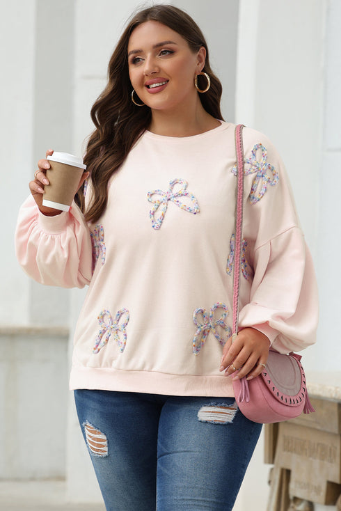 Textured Bow Applique Balloon Sleeve Pullover Sweatshirt