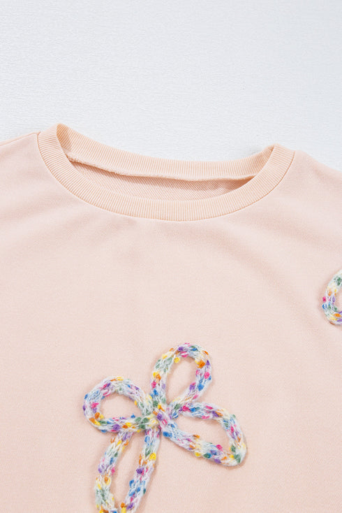 Textured Bow Applique Balloon Sleeve Pullover Sweatshirt