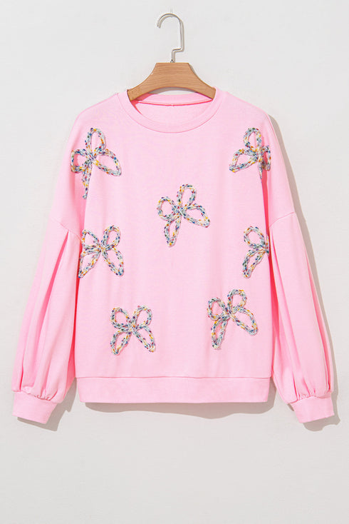 Textured Bow Applique Balloon Sleeve Pullover Sweatshirt