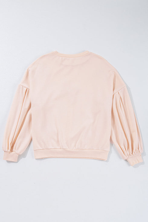 Textured Bow Applique Balloon Sleeve Pullover Sweatshirt