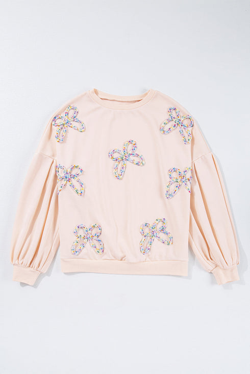 Textured Bow Applique Balloon Sleeve Pullover Sweatshirt