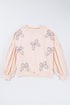 Textured Bow Applique Balloon Sleeve Pullover Sweatshirt