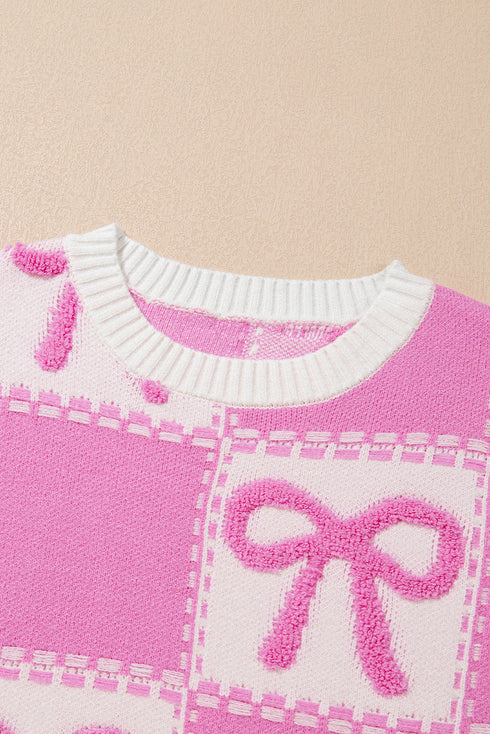 Textured Bow Detail Checkerboard Knit Sweater