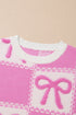 Textured Bow Detail Checkerboard Knit Sweater