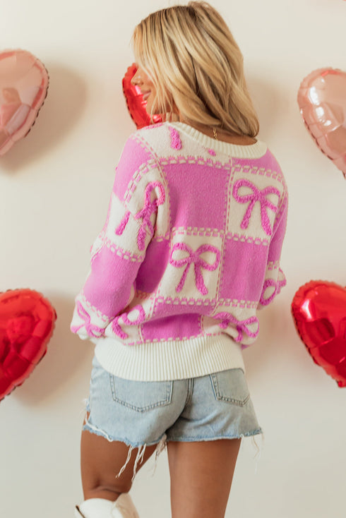 Textured Bow Detail Checkerboard Knit Sweater
