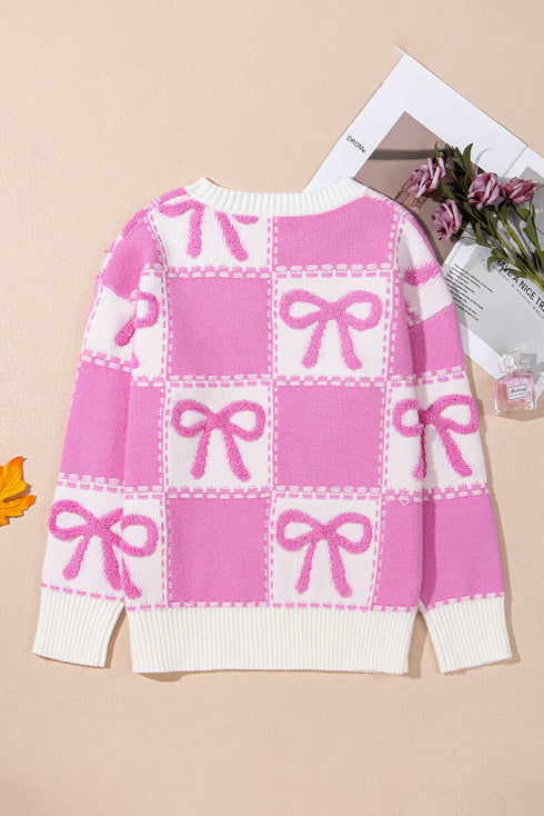 Textured Bow Detail Checkerboard Knit Sweater