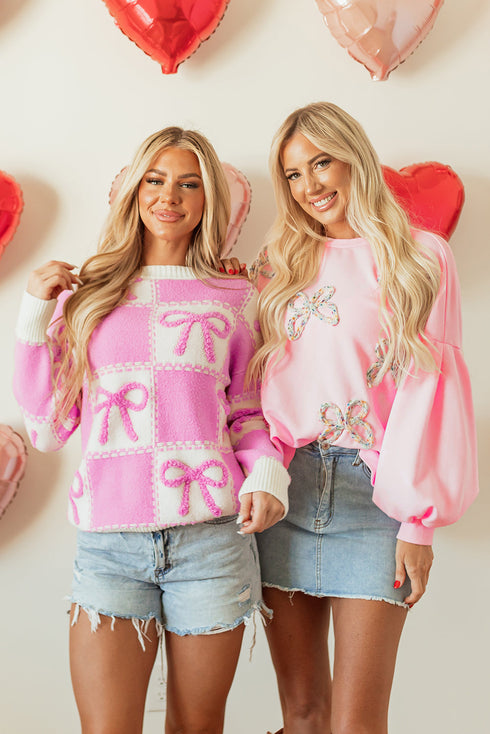 Textured Bow Detail Checkerboard Knit Sweater