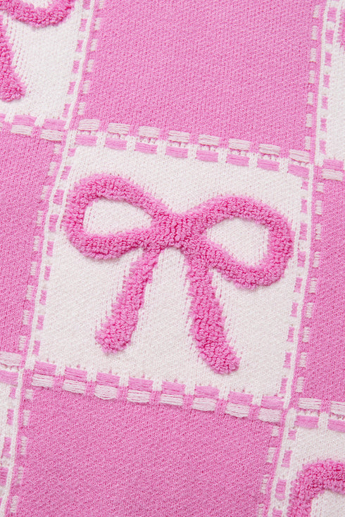 Textured Bow Detail Checkerboard Knit Sweater