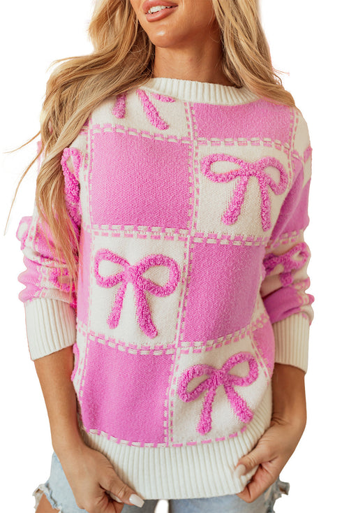 Textured Bow Detail Checkerboard Knit Sweater