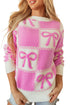 Textured Bow Detail Checkerboard Knit Sweater