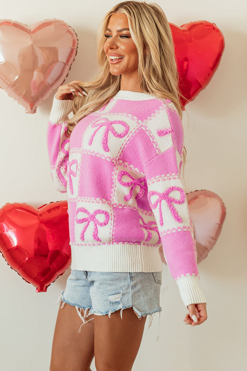 Textured Bow Detail Checkerboard Knit Sweater