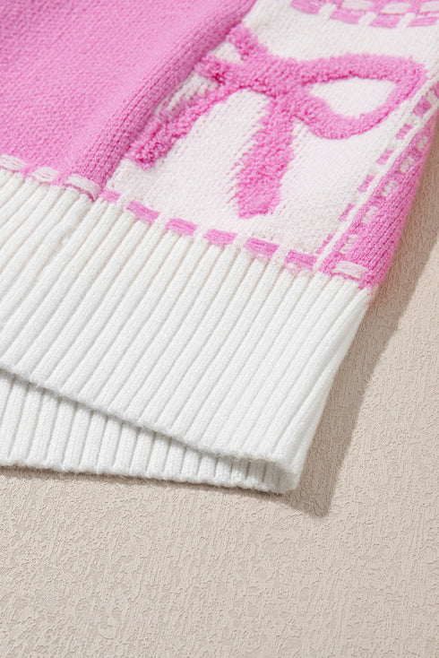 Textured Bow Detail Checkerboard Knit Sweater