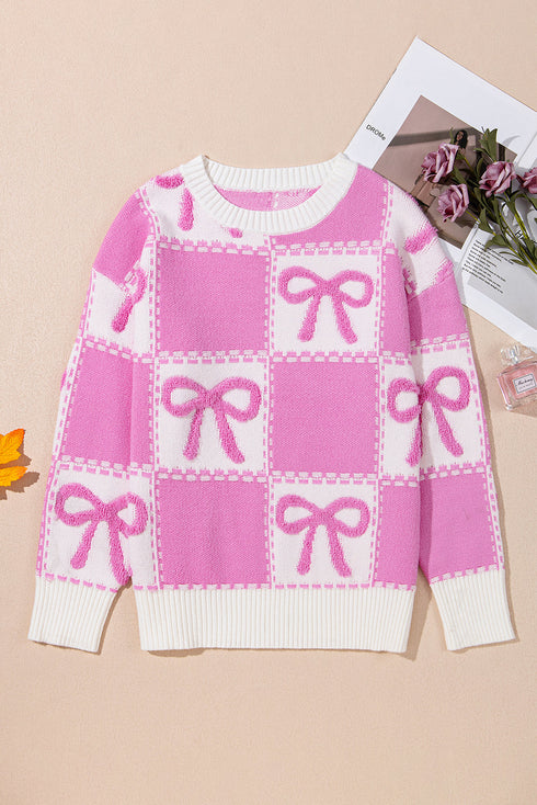 Textured Bow Detail Checkerboard Knit Sweater