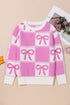 Textured Bow Detail Checkerboard Knit Sweater