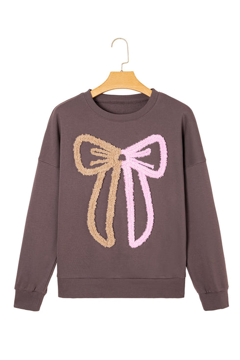 Textured Bow Graphic Relaxed Fit Pullover Sweatshirt