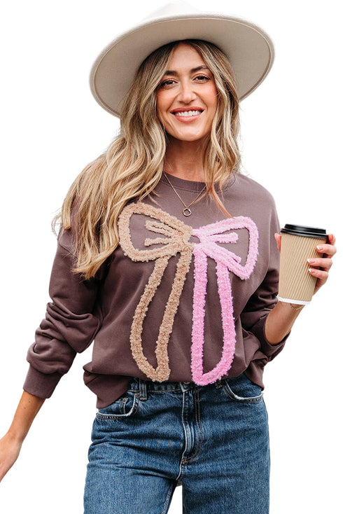 Textured Bow Graphic Relaxed Fit Pullover Sweatshirt