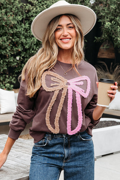 Textured Bow Graphic Relaxed Fit Pullover Sweatshirt