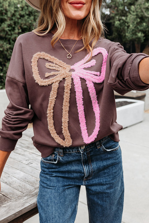 Textured Bow Graphic Relaxed Fit Pullover Sweatshirt