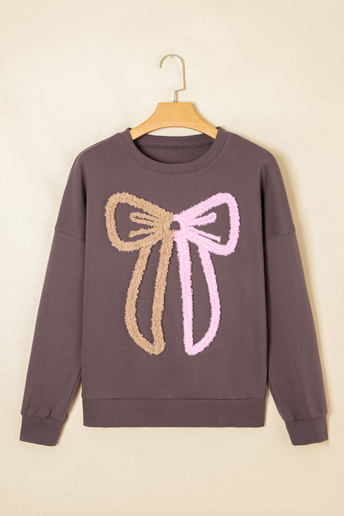 Textured Bow Graphic Relaxed Fit Pullover Sweatshirt