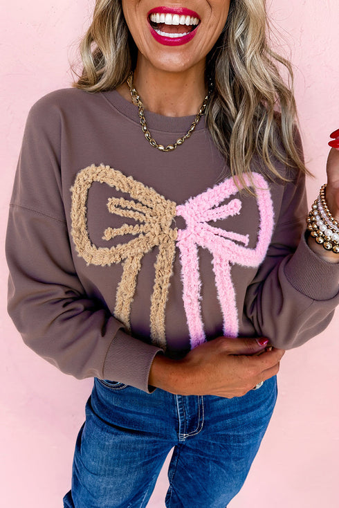 Textured Bow Graphic Relaxed Fit Pullover Sweatshirt