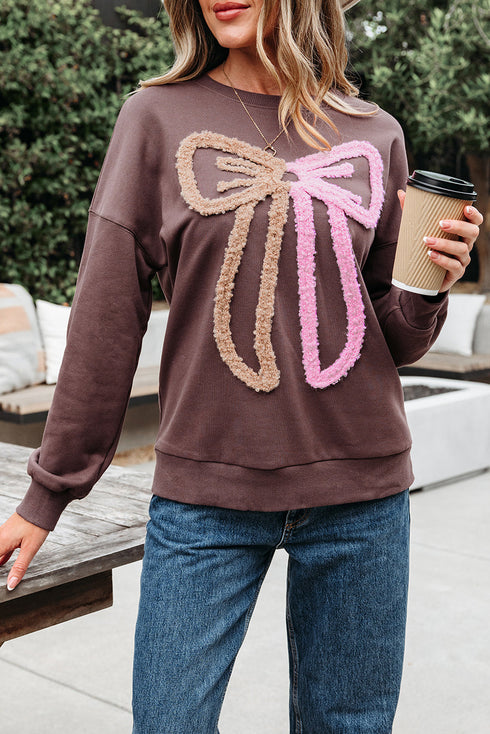 Textured Bow Graphic Relaxed Fit Pullover Sweatshirt