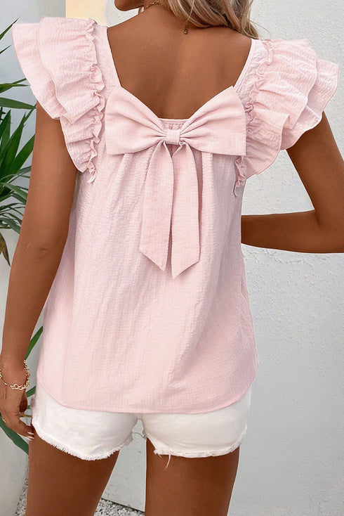 Textured Bow Knot Frilled Butterfly Sleeve Blouse