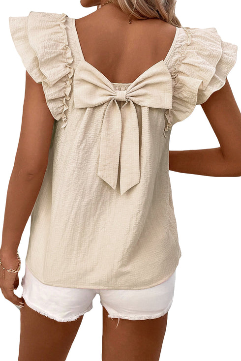 Textured Bow Knot Frilled Butterfly Sleeve Blouse
