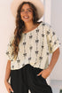 Textured Bow Print Puff Sleeve Square Neck Blouse