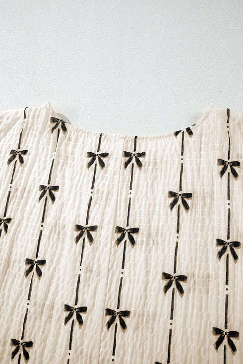 Textured Bow Print Puff Sleeve Square Neck Blouse